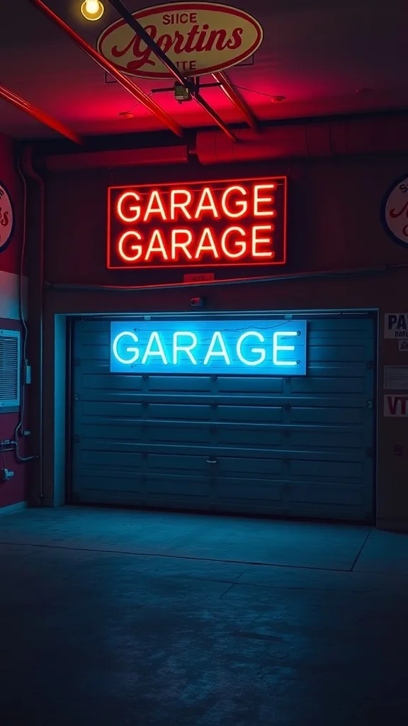 Bright neon signs in a garage setting with red and blue colors.