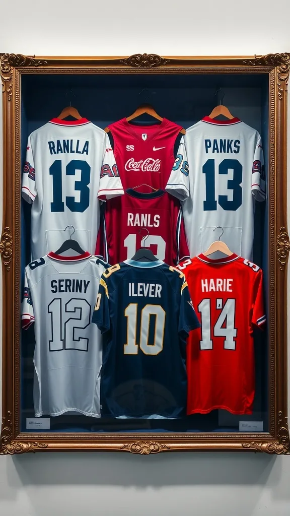 Framed personalized sports jerseys displayed in a decorative frame.