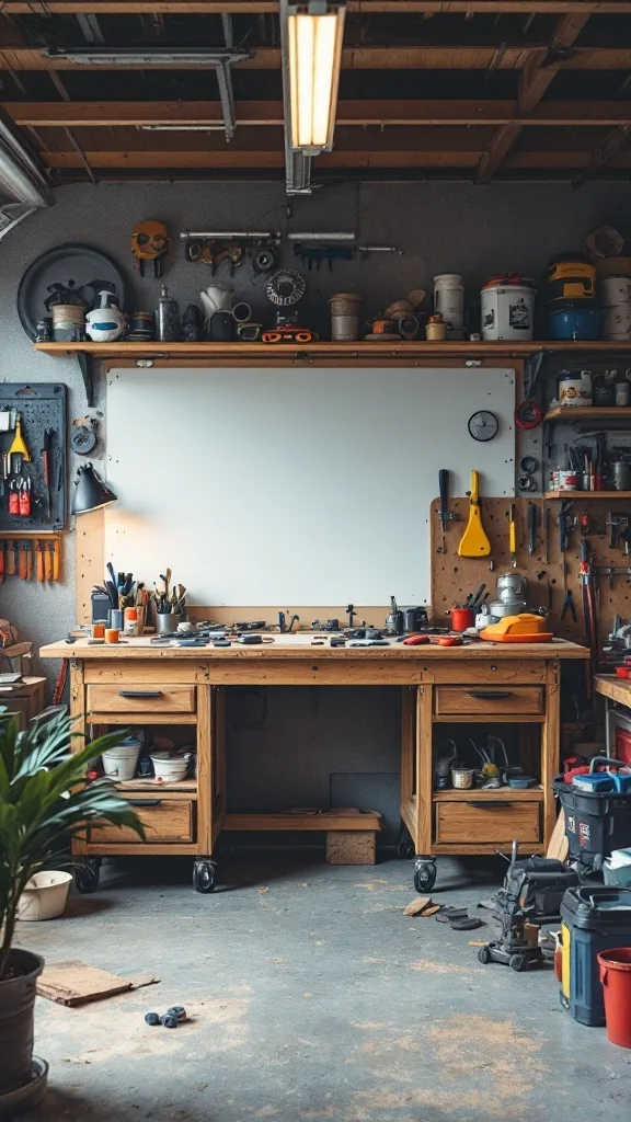 A well-organized personalized workbench area in a garage, featuring a wooden table, tools, and a white board.