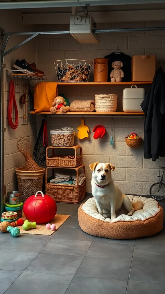 Cozy pet-friendly corner in a garage man cave with a dog bed and toys