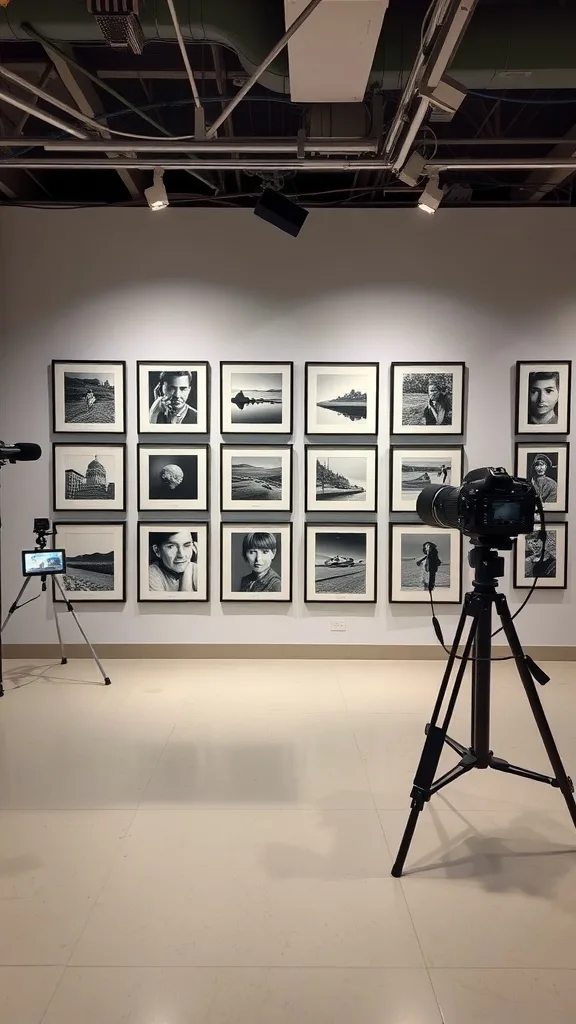 A photography display area featuring framed black-and-white photographs and cameras on tripods.