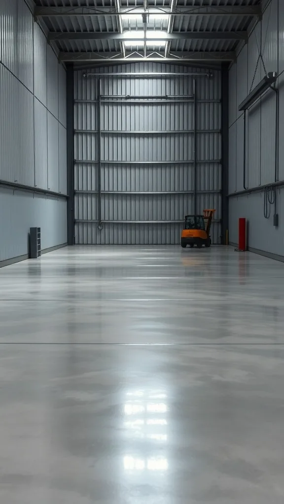 Interior view of a garage with polished concrete flooring, featuring a spacious and shiny surface.