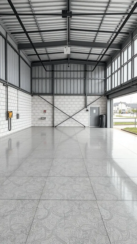 Spacious garage interior with patterned porcelain tile flooring.