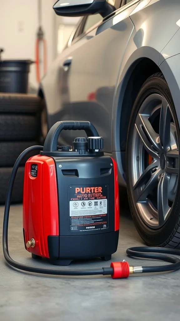 A bright red portable air compressor next to a car tire.