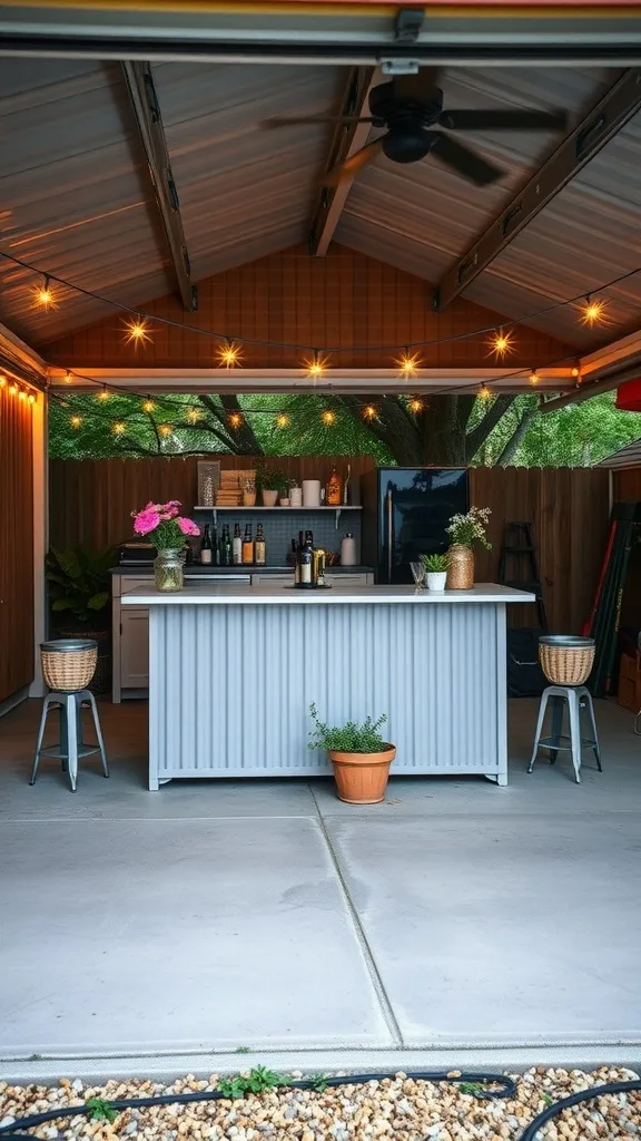 A modern outdoor garage bar with bar stools, plants, and string lights.