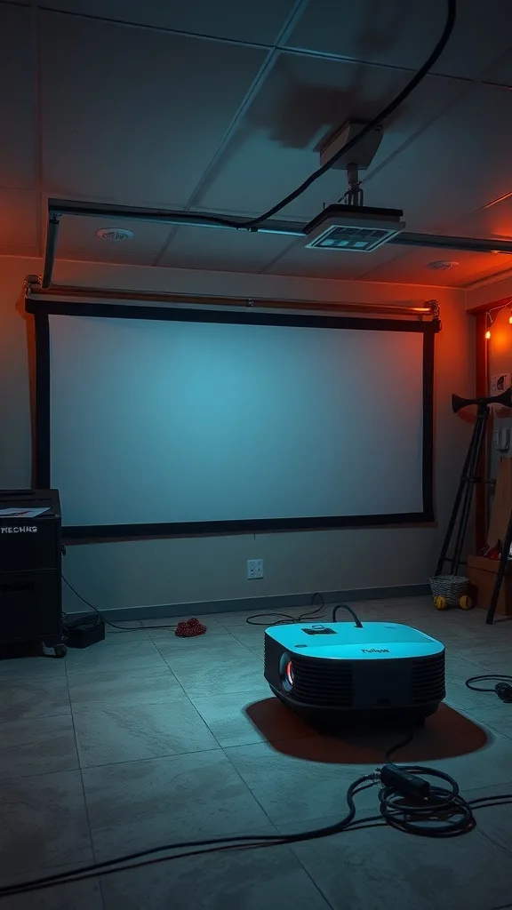 A portable projector set up on the floor, ready to project onto a screen in a garage