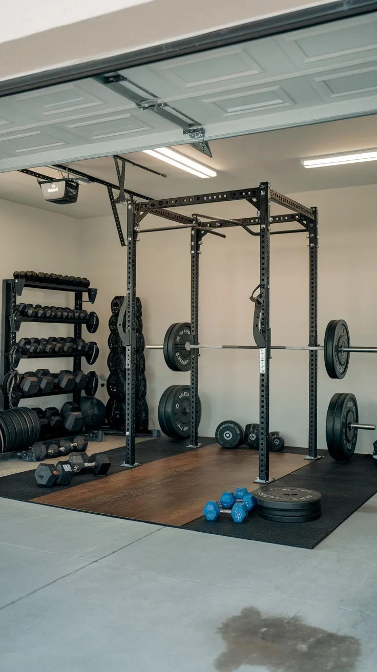 A garage gym with a power rack, dumbbells, and weights organized neatly.