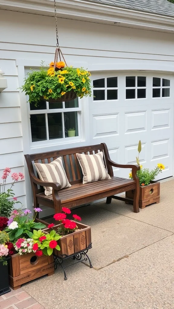 A wooden bench with striped cushions, surrounded by planter boxes filled with colorful flowers, next to a white garage door.