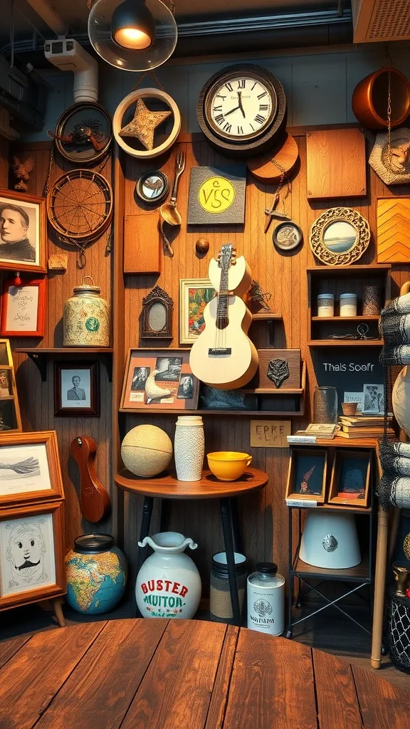 A colorful display of eclectic collectibles including vintage clocks, photos, and a guitar on wooden panels.