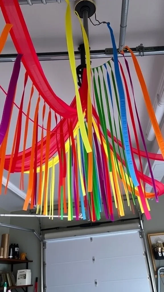 Colorful rainbow streamers hanging from the ceiling in a garage.