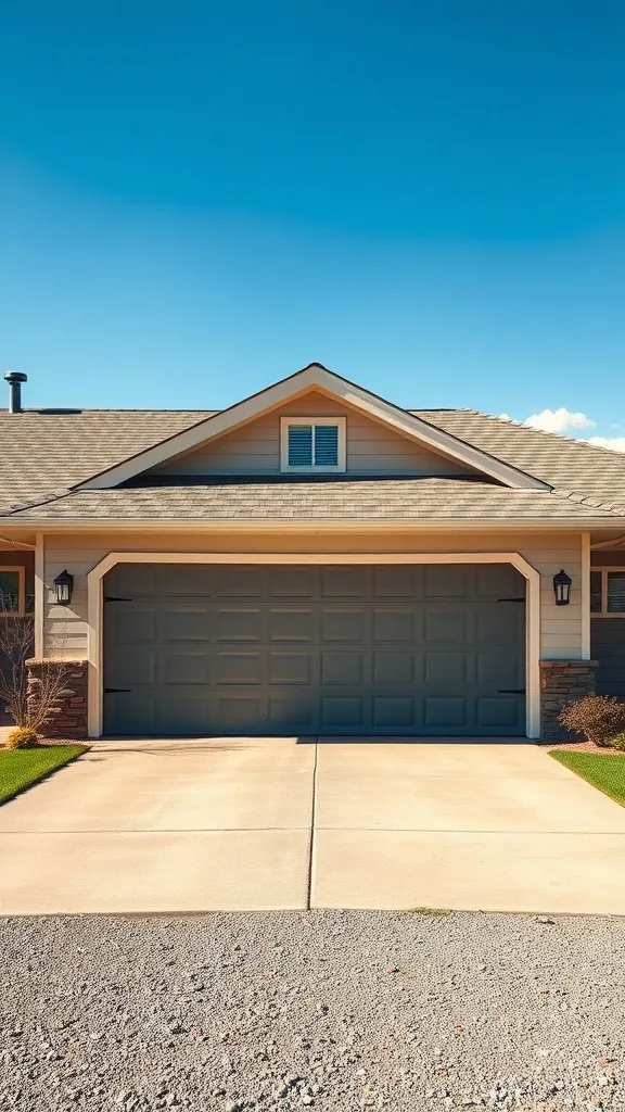 A ranch-style garage with a spacious driveway, featuring a simple garage door and stone accents.