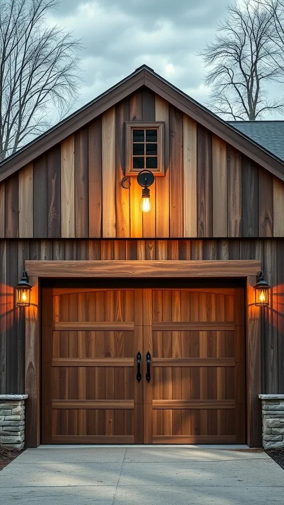 Exterior of a garage with reclaimed barn wood fixtures and warm lighting