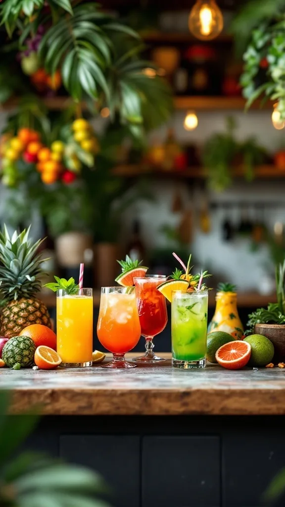 Colorful drinks on a wooden counter surrounded by fresh fruits, creating a tropical bar vibe.