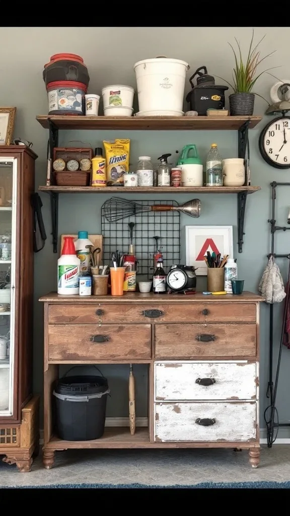 A wooden dresser repurposed for garage storage, holding various cleaning supplies and tools.