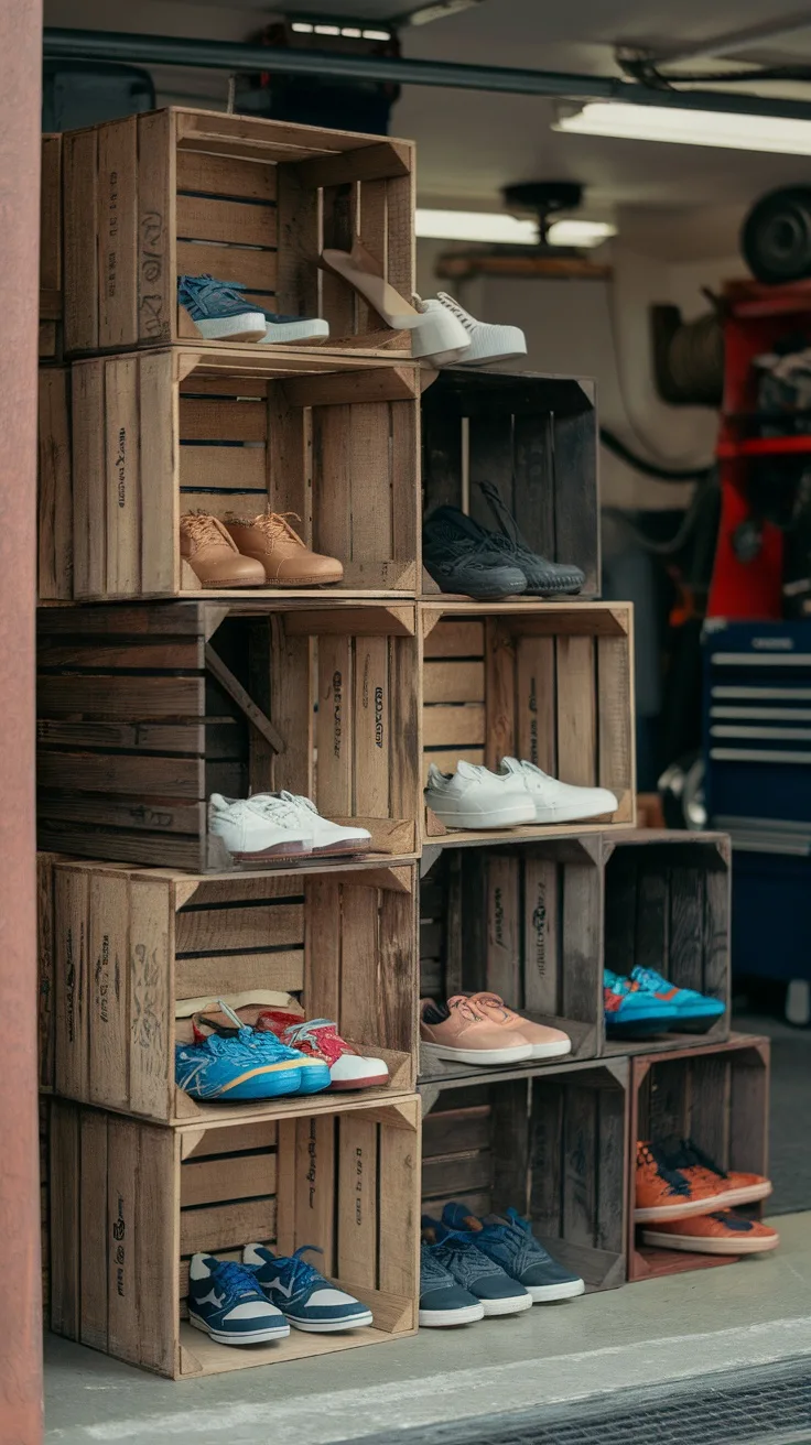 A stack of wooden crates displaying various pairs of shoes in a garage setting.