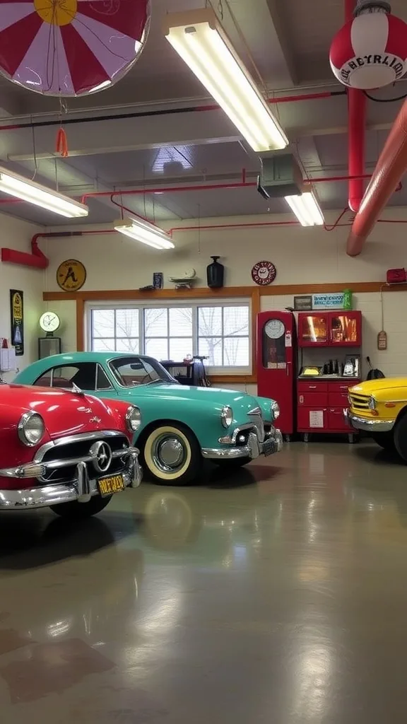 A retro garage setup inspired by the 1950s aesthetic