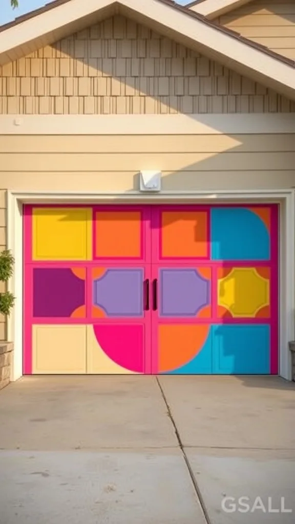 Vibrantly painted retro garage door with geometric patterns