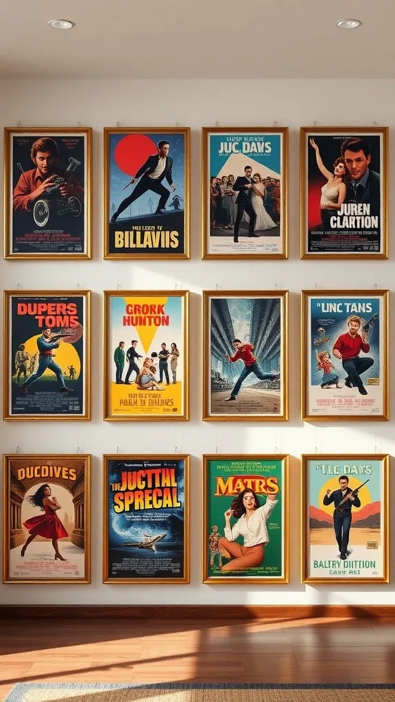 A collection of framed retro movie posters displayed on a wall.