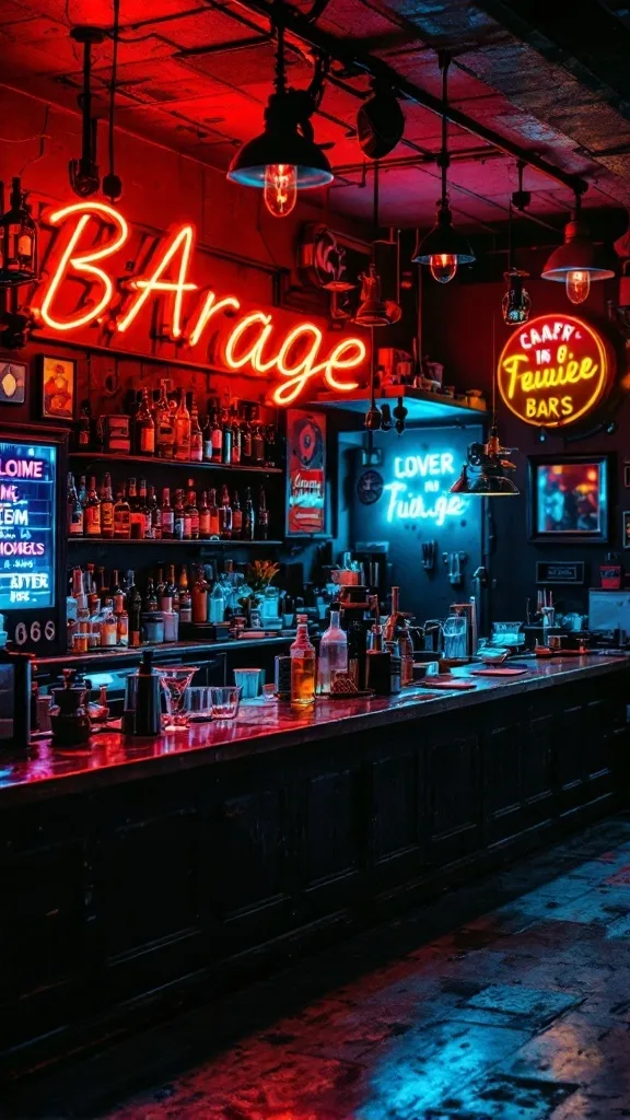 A stylish garage bar featuring vibrant neon signs.