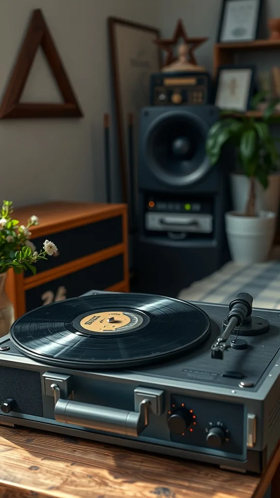 A retro record player setup in a cozy space featuring a turntable and vinyl records.