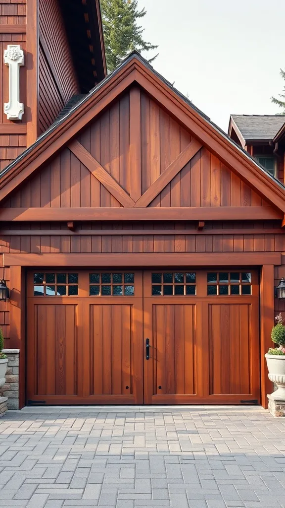 A rich mahogany garage door with decorative features and a stone pathway.