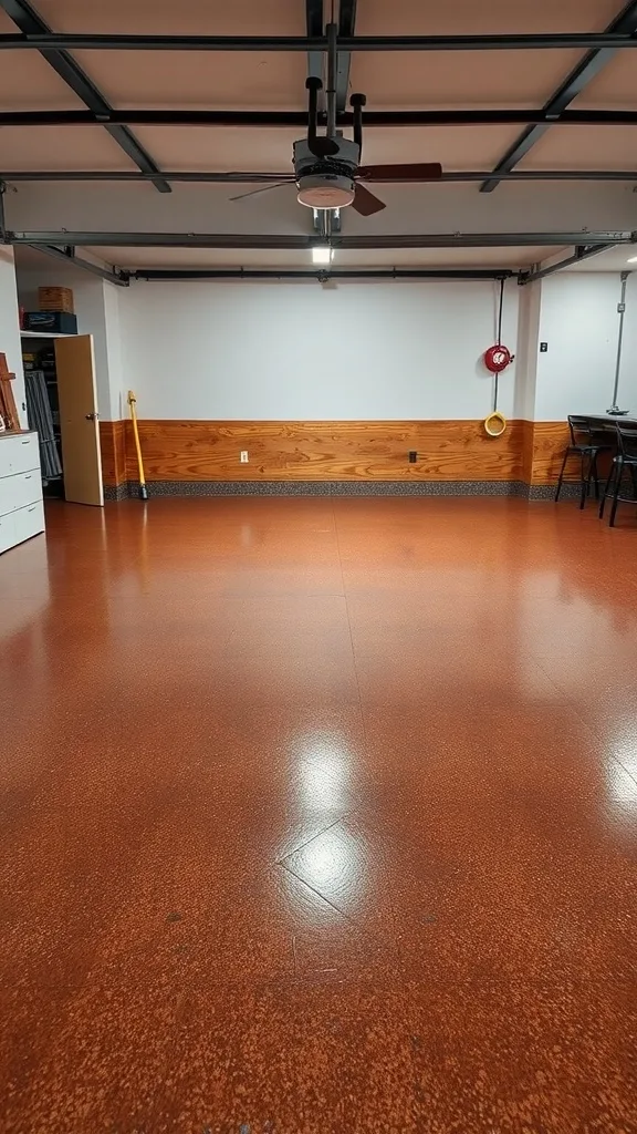 Garage with rich walnut brown epoxy flooring and wooden wall accents.