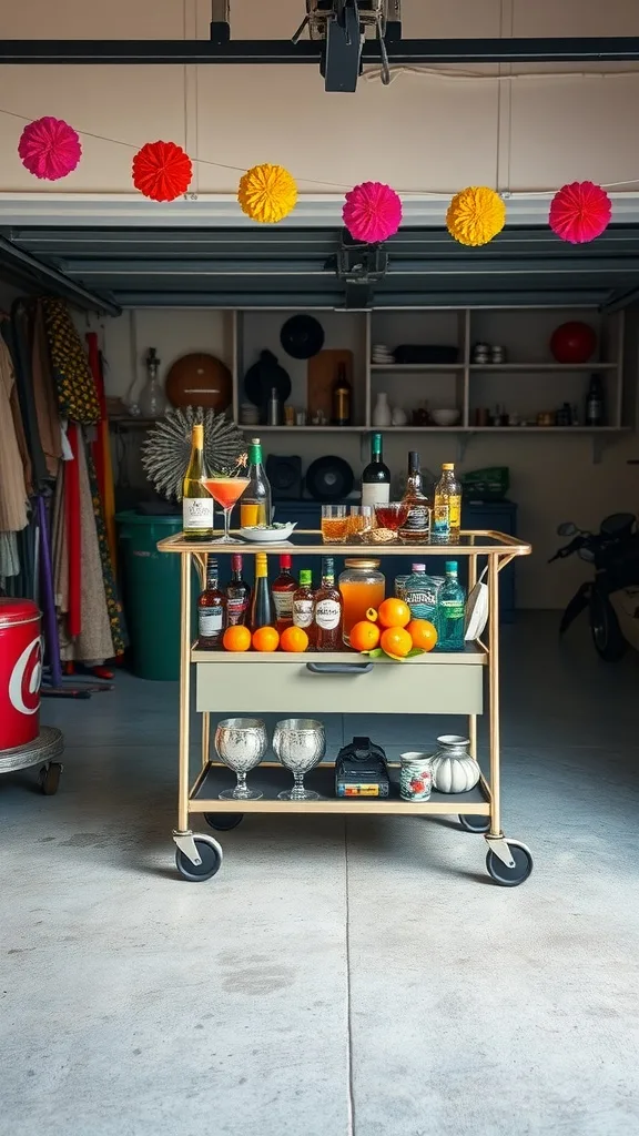 A stylish rolling bar cart filled with drinks and glasses in a garage setting, decorated with colorful paper decorations.