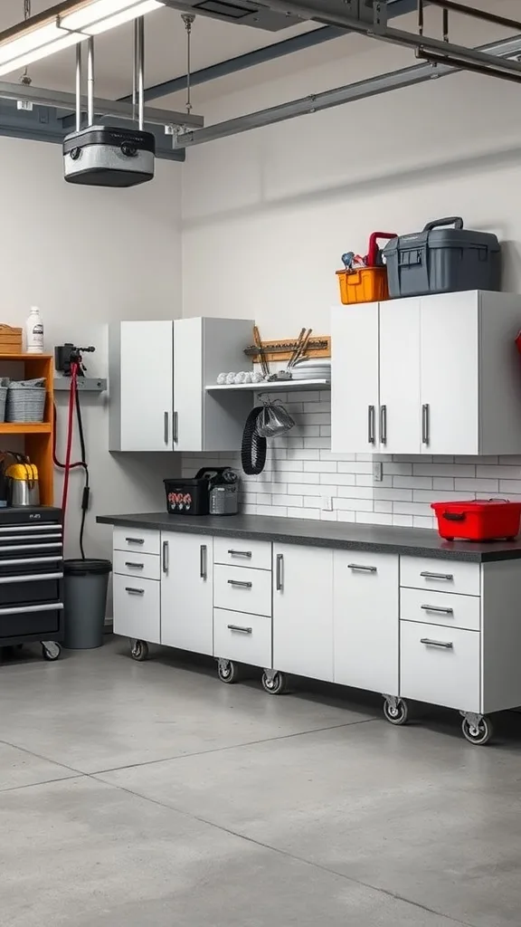 Image of a garage with rolling cabinets for storage, showcasing a clean and organized space.