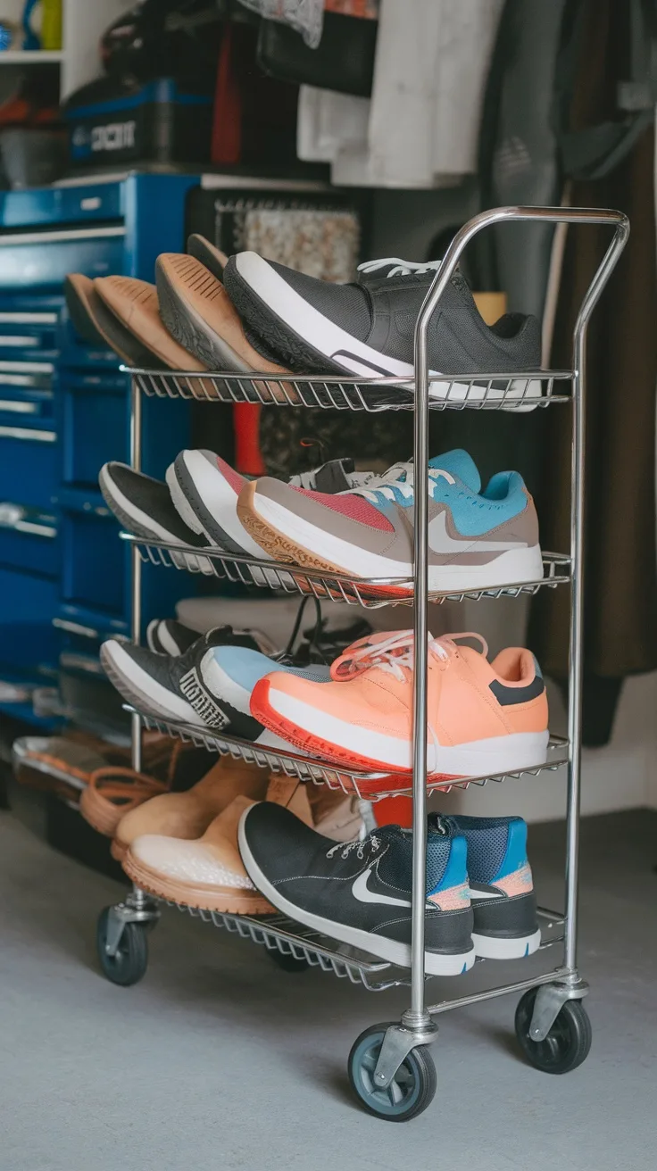 A rolling shoe cart featuring various shoes in a garage setting.