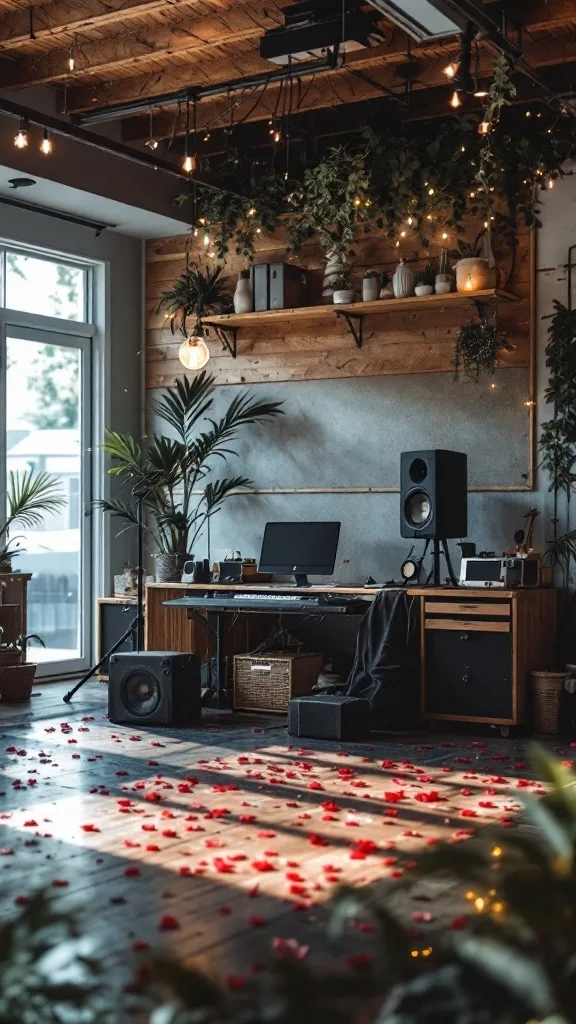 A romantic music setup for Valentine's Day with scattered rose petals, plants, and a sound system.