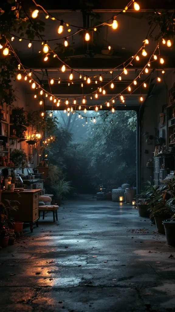 A beautifully lit garage with string lights creating a romantic atmosphere.