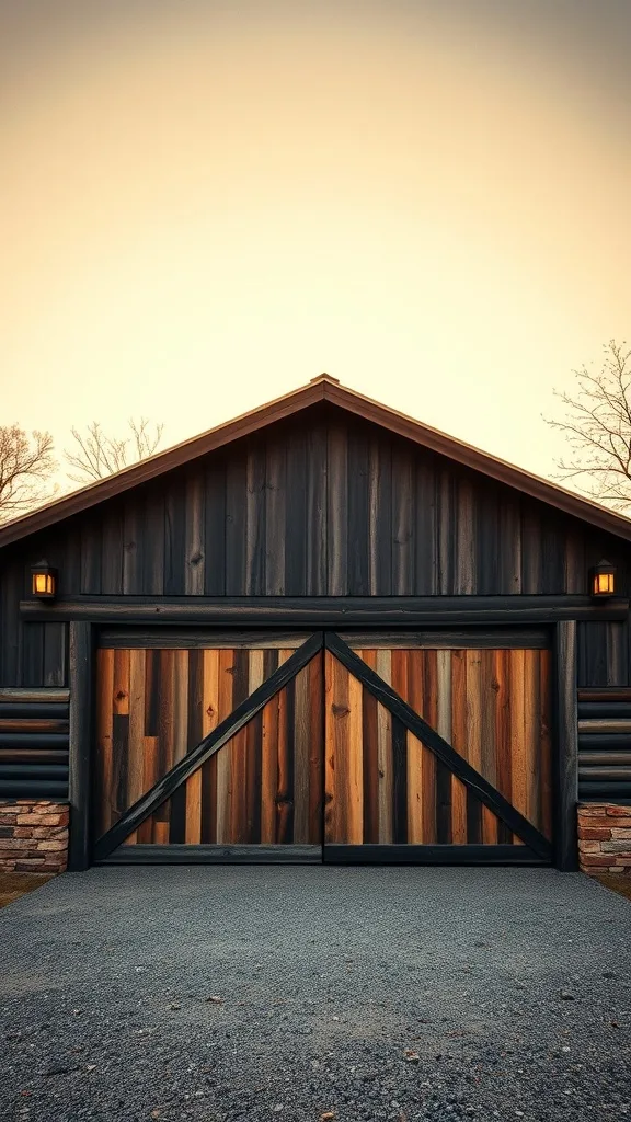 A rustic barn-style garage featuring dark wooden exterior and light wooden accents, set against a soft sunset.