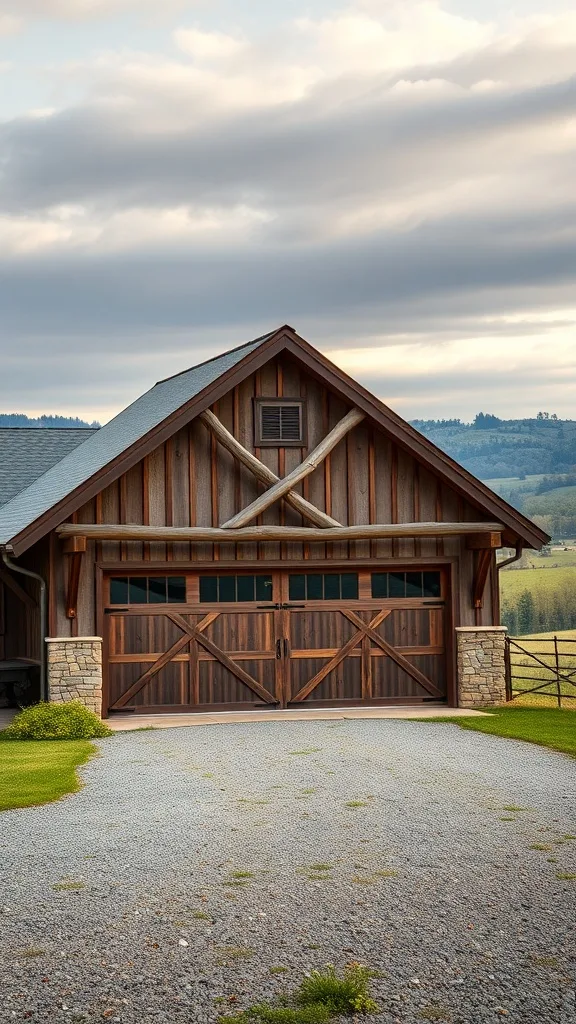 A rustic barn-style garage with wooden accents and a stone base, set against a backdrop of gentle hills.