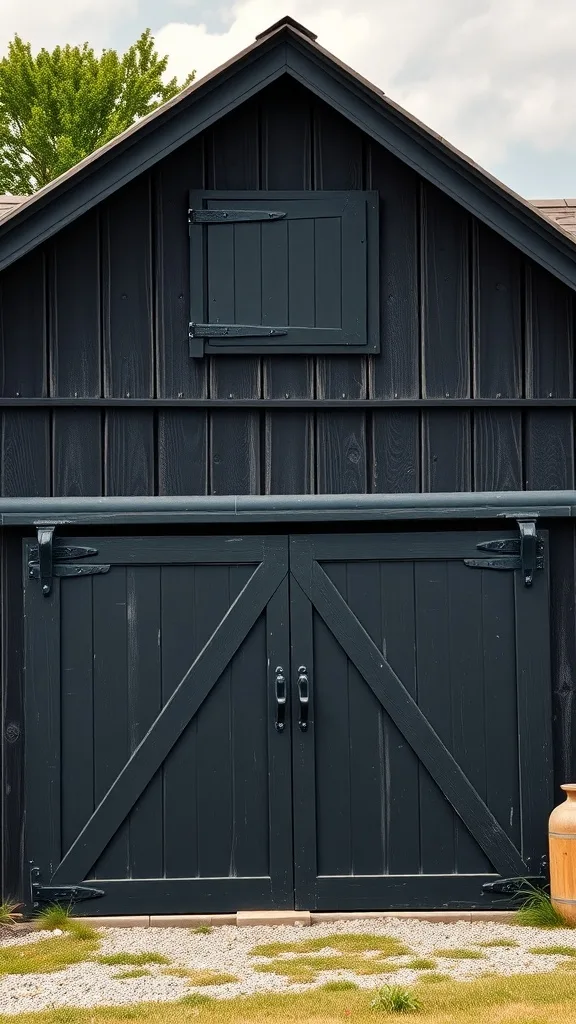 A rustic black barn door design with wooden slats and diagonal beams.