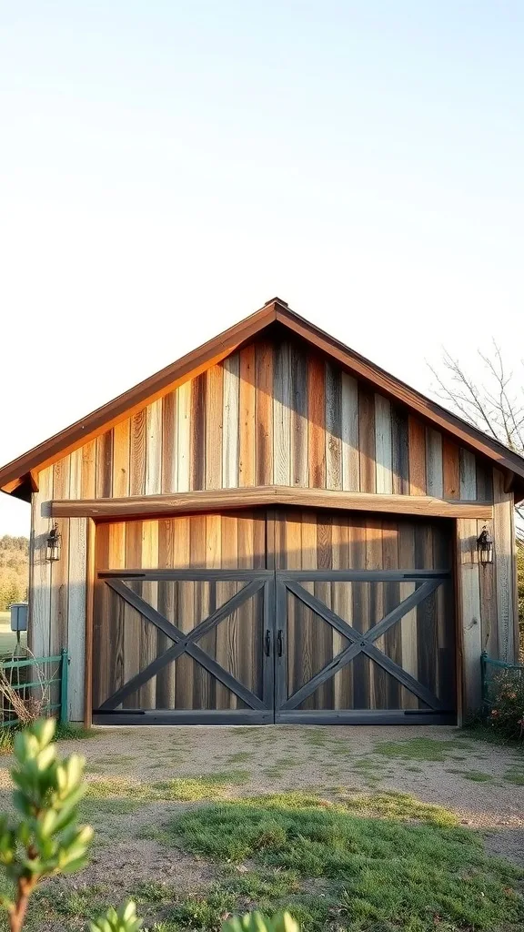 Rustic barn style arched garage door with wooden panels