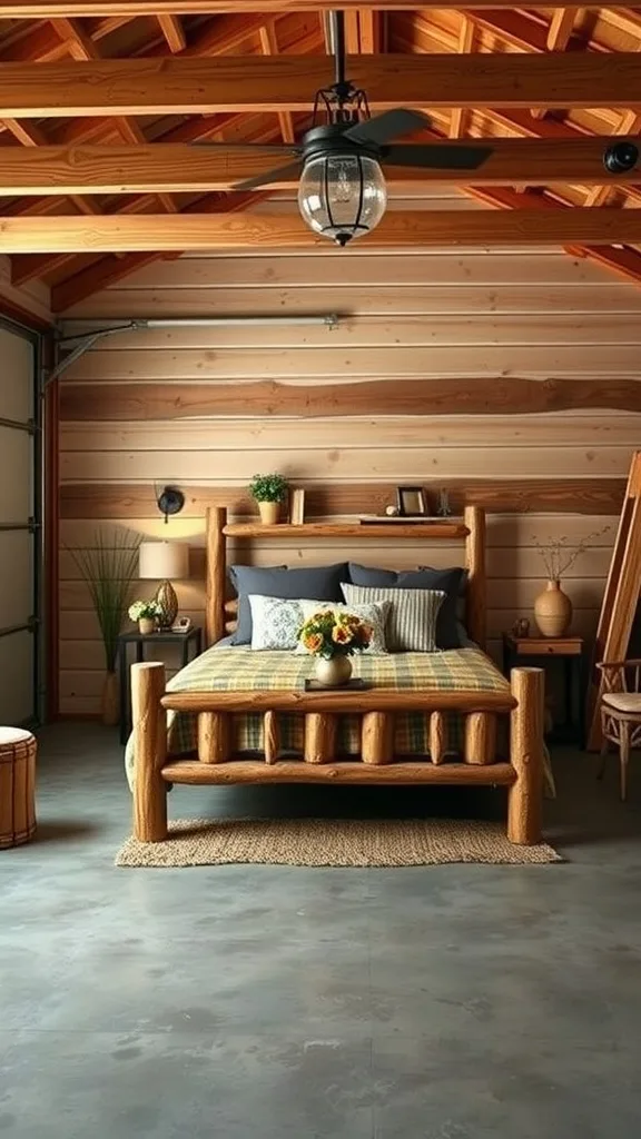 Rustic bedroom in a garage with wooden ceiling and furniture