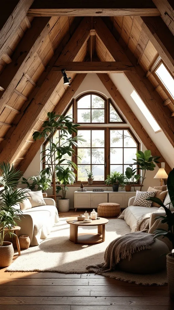 A beautifully designed attic apartment with wooden beams, natural light, and plenty of greenery.