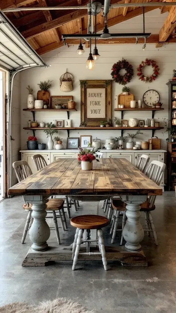 A rustic dining room setup in a garage with a large wooden table, chairs, and farmhouse decor.