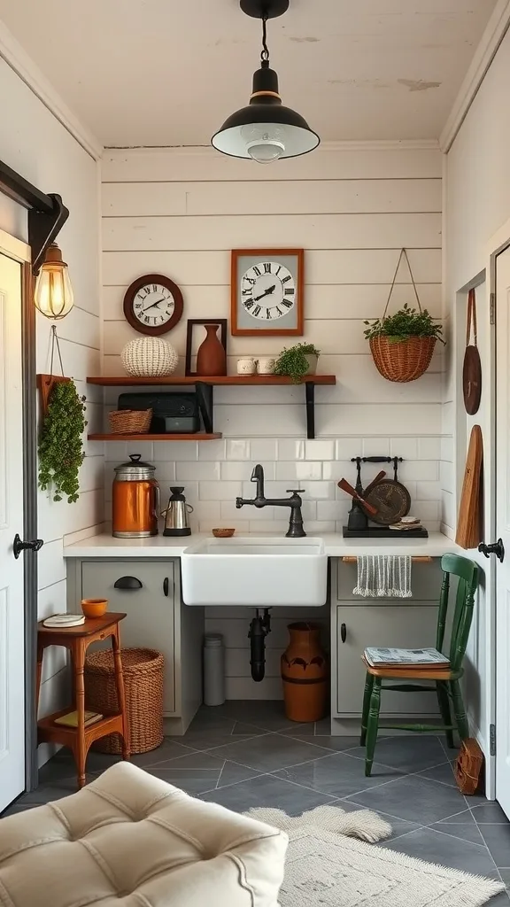 A cozy kitchen area in a rustic farmhouse style with shiplap walls, a farmhouse sink, and vintage decor.