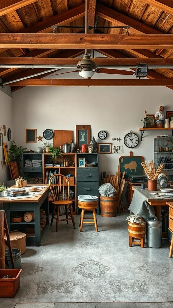 A rustic farmhouse art studio with wooden beams, vintage furniture, and a creative atmosphere.