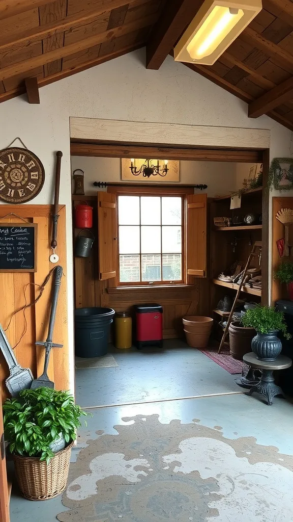 A beautiful rustic garage with wooden accents and soft lighting.