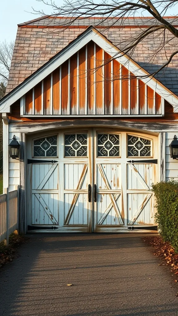 Rustic lattice design garage doors with a weathered finish and diagonal slats, showcasing farmhouse style.