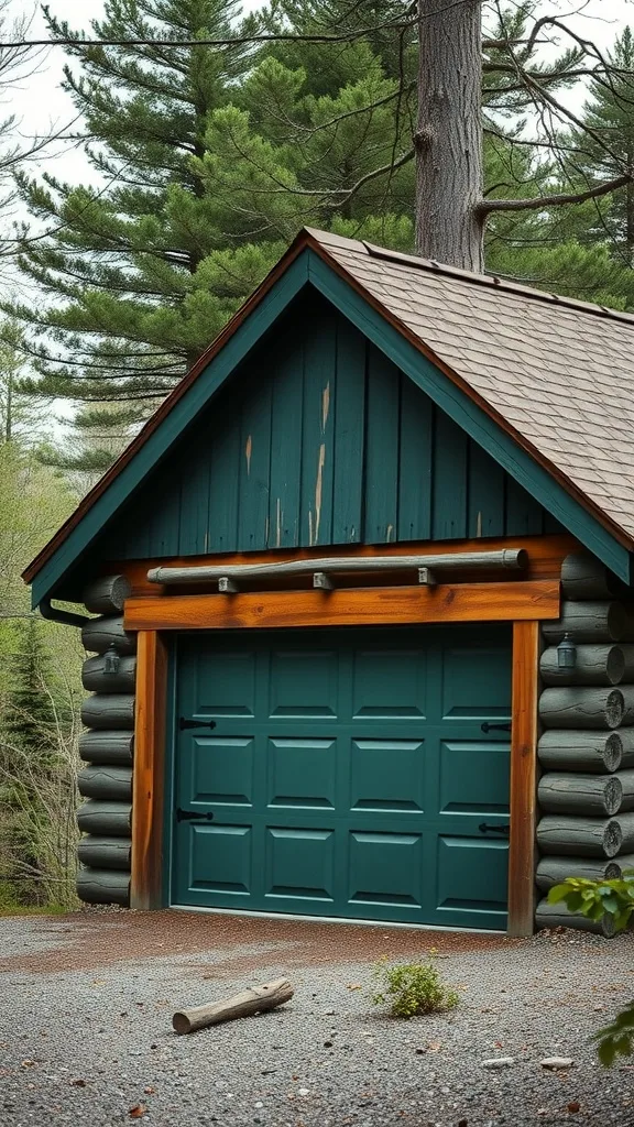 A rustic pine green garage with wooden accents, set in a natural environment surrounded by trees.