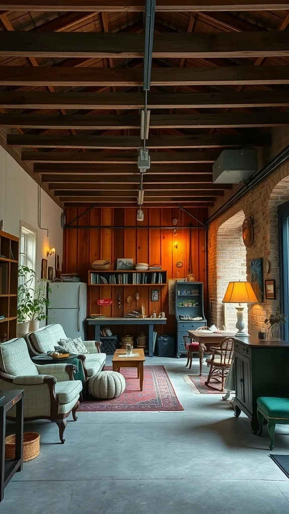 A cozy garage apartment featuring wooden beams, comfortable furniture, and warm decor.