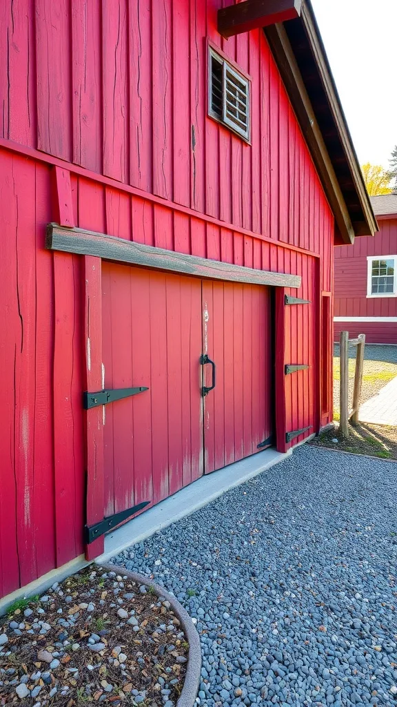 A rustic red garage with a weathered door and black hardware, surrounded by gravel landscaping.