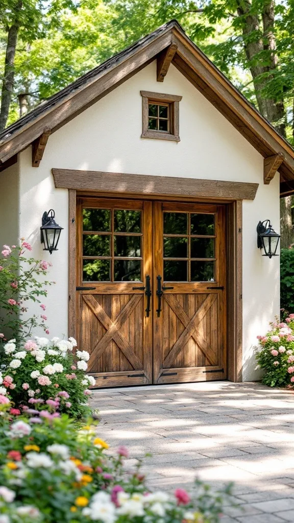 A rustic wooden door and window with a flower bush in front of a garage.