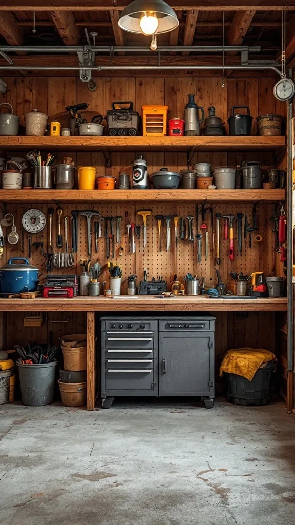 A rustic garage with wooden shelving units filled with tools and storage containers