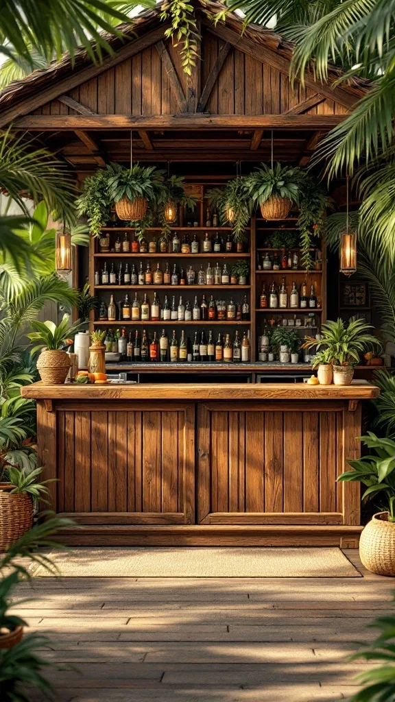 A rustic wooden bar surrounded by plants, featuring shelves of alcoholic drinks and warm lighting