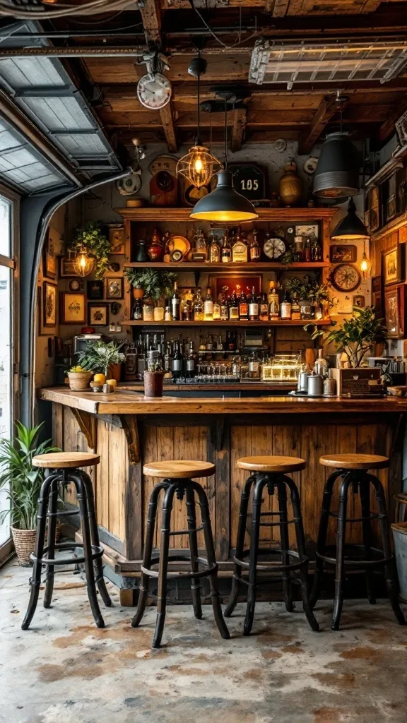 A rustic wooden bar setup with a variety of drinks and four wooden stools in a cozy garage setting.