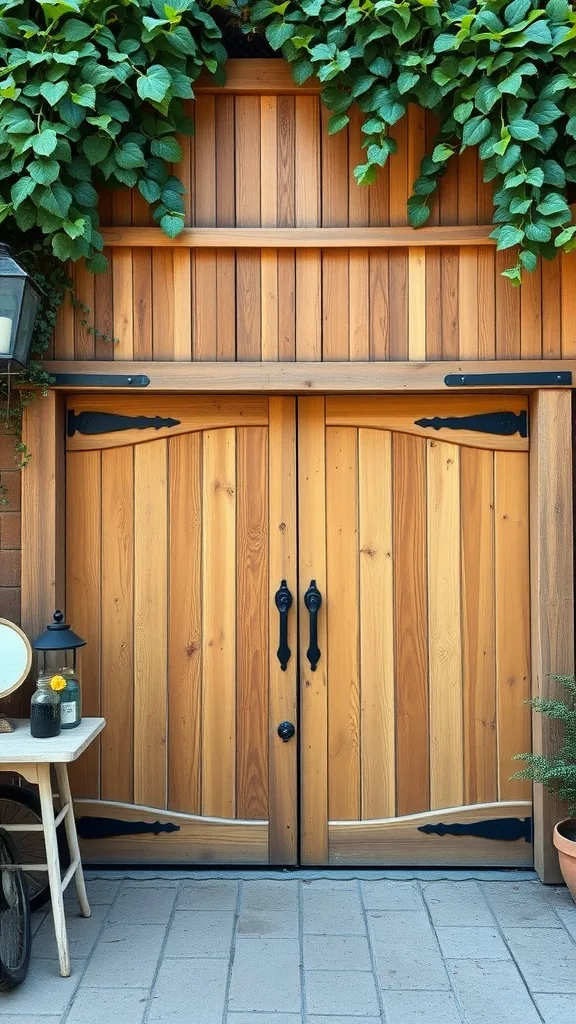 A rustic wooden garage door surrounded by greenery, featuring elegant black hardware.